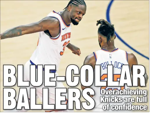  ?? AP ?? BIG, BIGGER, BIGGEST: Julius Randle (left) isn’t concerned about the Nets’ Big Three ahead of Monday’s matchup at Barclays Center, touting the Knicks’ own Big Five. Reggie Bullock did Randle 10 better, boasting of “a Big 15.”
