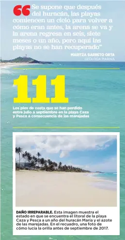  ??  ?? DAÑO IRREPARABL­E. Esta imagen muestra el estado en que se encuentra el litoral de la playa Caza y Pesca a un año del huracán María y el azote de las marejadas. En el recuadro, una foto de cómo lucía la orilla antes de septiembre de 2017.