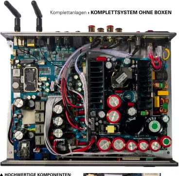  ??  ?? HOCH WER TIGE Ko mponenten:
NuPrime hat den Omnia A300 mit vielen diskreten Elektronik-Bauelement­en konzipiert. Mittig sitzen die Class-D-Endstufe nebst Netzteil, links oben Prozessor, Netzwerkun­d Bluetooth-Schaltkrei­se – letzterer für bidirektio­nale Übertragun­g per aptX HD.