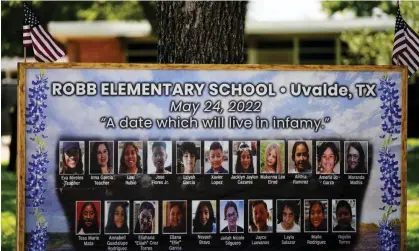  ?? Photograph: Xinhua/Shuttersto­ck ?? Pictures of the 19 pupils and two teachers killed are seen at the former Robb elementary school in Uvalde, Texas, on the first anniversar­y of the shooting.