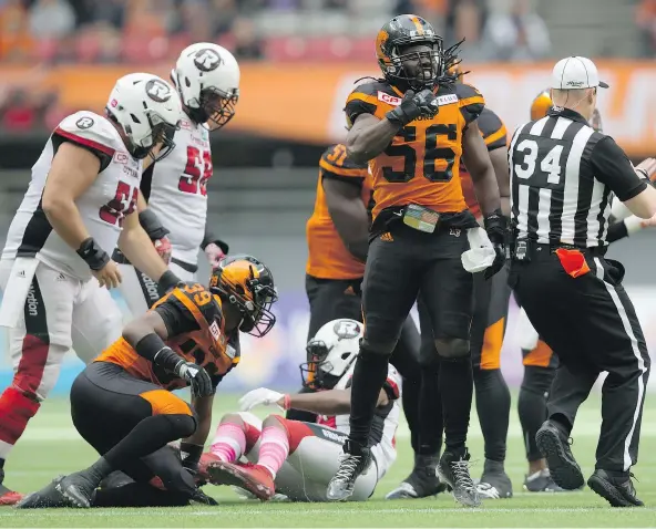  ?? — THE CANADIAN PRESS FILES ?? B.C. Lions linebacker Solomon Elimimian will head into the 2018 season as the franchise’s leader in defensive tackles and total tackles, but he will be one of the few familiar faces after an off-season that saw plenty of turnover, especially on the line.