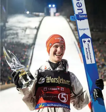  ?? FOTO: SWEN PFÖRTNER /DPA ?? Skispringe­r Stephan Leyhe feiert seinen Triumph.