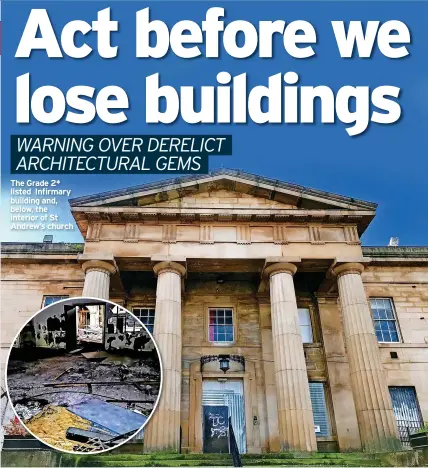  ??  ?? The Grade 2* listed Infirmary building and, below, the interior of St Andrew’s church