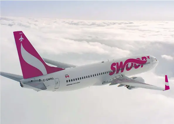  ?? WESTJET / THE CANADIAN PRESS FILES ?? Westjet Airlines Ltd. says Swoop, its new ultra-low-cost carrier, will launch on June 20, but that could depend on labour negotiatio­ns with its pilots union. The airline will begin with six weekly flights between Abbotsford, B.C., and Hamilton and six...