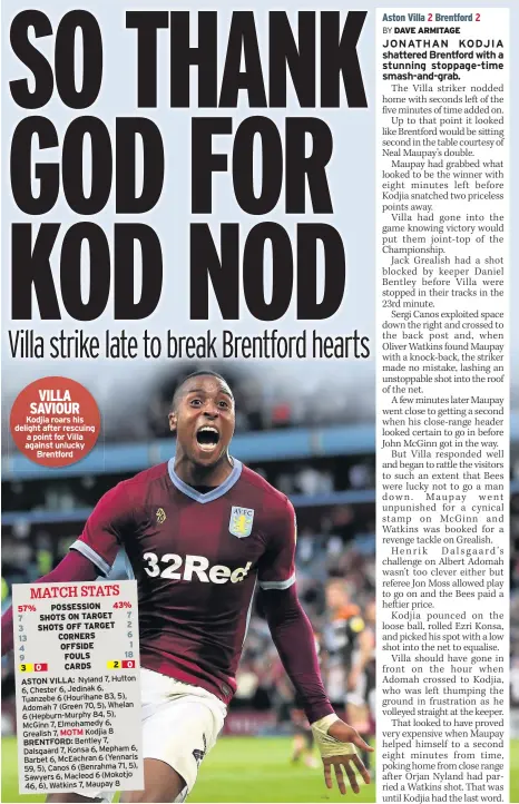  ??  ?? VILLA SAVIOUR Kodjia roars his delight after rescuing a point for Villa against unlucky Brentford