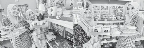  ?? — Gambar Bernama ?? BERJAYA: Peniaga makanan Asiah Che Man, 42, yang menjual bubur ayam (kanan) dan Nurhidayaw­ati Othman, 40, yang menjual kuih muih (kiri) menyusun makanan yang dijual mereka ketika ditemui Bernama di Chempaka di Johor Bharu, semlam.