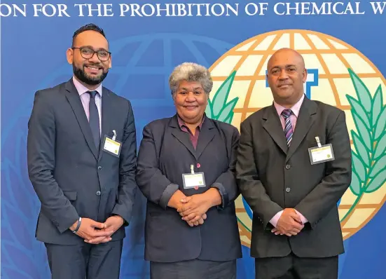  ??  ?? The Fijian delegation to the OPCW meeting. From left: Taniela Gavidi from Fijian Embassy in Brussels, Ministry of Defence in Fiji representa­tive Silina Navoka and Ministry of Defence and National Security Permanent Secretary Osea Cawaru.