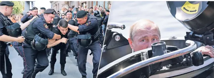  ?? FOTOS: DPA ?? Während Polizisten einen Mann bei der Demo in Moskaus Zentrum festhalten, taucht der Präsident ab. Wladimir Putin fuhr am Samstag mit einem Mini-U-Boot am Finnischen Meerbusen durch die Ostsee.