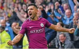  ?? (AFP) ?? Manchester City's Sergio Aguero celebrates after a goal against Watford on Saturday