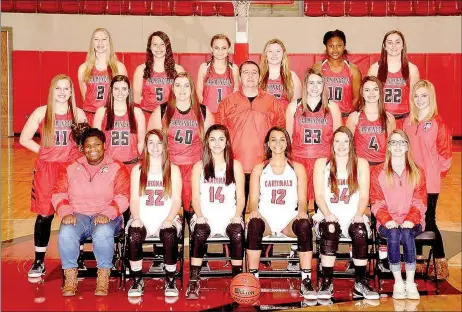  ?? PHOTO COURTESY OF LIFETOUCH ?? The Farmington Lady Cardinals girls basketball team advanced to the State 5A girls basketball tournament finals for the third time since 2012 under coach Brad Johnson. Parkview defeated the Lady Cardinals, 55-47, Saturday at Magnolia. Not pictured in...