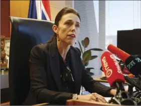  ?? AP PHOTO/NICK PERRY ?? New Zealand Prime Minister Jacinda Ardern announces she is firing Meka Whaitiri from her ministeria­l role on Sept. 20, in Wellington, New Zealand.
