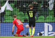  ?? AP Photo ?? Krasnodar’s goalkeeper Matvei Safonov fails to save the goal from Chelsea’s Callum Hudson-Odoi during the Champions League Group E soccer match between Krasnodar and Chelsea in Krasnodar, Russia, on Wednesday.