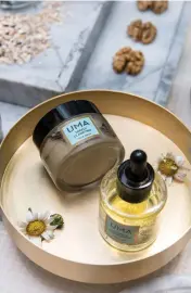  ??  ?? Clockwise from top left: A selection of Uma’s wellness oils; the brand’s founder, Shrankhla Holeck; the Deeply Clarifying Face Mask and Ultimate Brightenin­g Face Oil; Holeck is a strong proponent of a holistic lifestyle