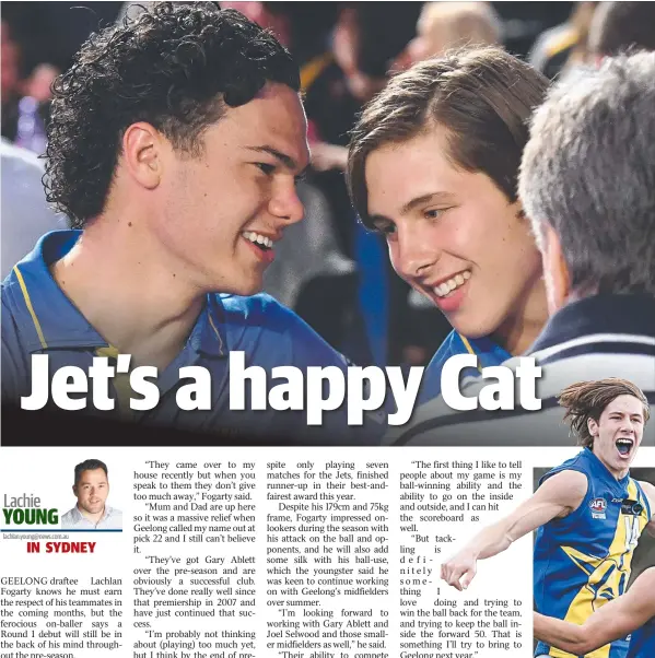  ?? Main picture: GETTY IMAGES ?? TACKLING MACHINE: Cameron Rayner (top left) with Geelong draftee Lachlan Fogarty, right, at the draft last night. INSET: Fogarty in action for Western Jets.