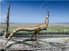  ?? IMAGE: ROBERT NICHOLLS ?? An artistic interpreta­tion of Sinosaurop­teryx and the open habitat in which it lived 130 million years ago in the Early Cretaceous.