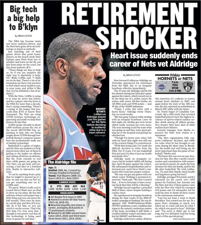  ?? Getty Images ?? SHORT STINT: LaMarcus Aldridge played just five games for the Nets before deciding to suddenly retire due to a heart ailment.