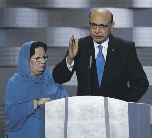  ?? DAVID PAUL MORRIS / BLOOMBERG ?? Khizr Khan, whose son was killed in Iraq, speaks during the Democratic convention in Philadelph­ia on Thursday.