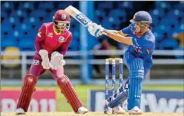  ?? PTI ?? India's Shreyas Iyer plays a shot against West Indies during the third ODI cricket match at Queen's Park Oval in Port of Spain, Trinidad and Tobago