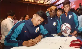  ?? — PTI ?? India Under-17 team members at a function in New Delhi on Tuesday.