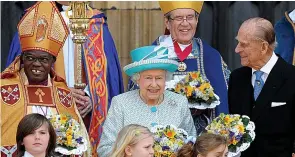  ??  ?? Fond memories... the Duke and the Queen with Archbishop Sentamu after a Royal Maundy service held in York Minster in 2012 to distribute money to pensioners