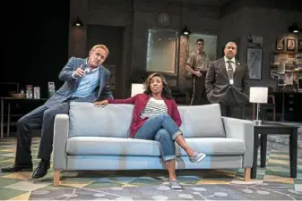  ?? Alexandra Wimley/Post-Gazette ?? From left, David Whalen and Bianca LaVerne Jones portray parents trying to find out what happened to their son from the police — Michael Patrick Trimm and Guiesseppe Jones — in Pittsburgh Public Theater’s production of “American Son.”