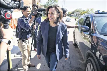  ?? DANIEL ACKER — THE NEW YORK TIMES, FILE ?? Sen. Kamala Harris, then a Democratic candidate for president, campaigns in Des Moines, Iowa, in October. Her selection as the Democratic nominee for vice president marks the latest evidence that gender and race have now surpassed geographic balance when it comes to building a ticket for the White House.