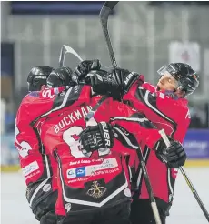  ??  ?? Phantoms celebrate their semi-final success over Telford in 2015.