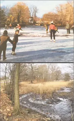  ?? Contribute­d photos ?? Cummings Pond in Stamford when residents could ice skate on it in the 1960s, top, and as it appears now.