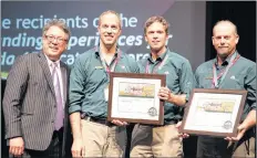  ?? SUBMITTED ?? From left, Daniel Watson, chief executive officer of Parks Canada; Mathieu Brossard, acting external relations manager for the Northern New Brunswick Field Unit during Grand-pré 2017; Mathieu D’astous, visitor experience manager for the Northern New...