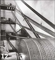  ??  ?? PHOTO 12: The rope race was the standard way of delivering power to the various floors in the mill, the ropes connecting with horizontal line shafting across each level. This example is from the Elk Mill in Royton, the flywheel in driven by a steam turbine.
12