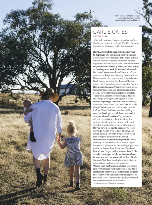  ??  ?? Carlie takes a walk on her NSW property, Boongarry, with daughters Dakota and Poppy.