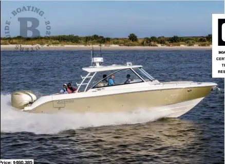  ??  ?? SPECS: LOA: 33'6" BEAM: 11'11" DRAFT: 2'81/4" (drives up) DRY WEIGHT: 13,000 lb. SEAT/WEIGHT CAPACITY: Yacht Certified FUEL CAPACITY: 300 gal.
HOW WE TESTED: ENGINES: Twin 425 hp Yamaha XTO DRIVE/PROPS: Outboard/165/8" x 19" 3-blade stainless steel GEAR RATIO: 1.79:1 FUEL LOAD: 148 gal. CREW WEIGHT: 600 lb.