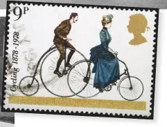  ??  ?? Penny-farthings were not manufactur­ed after 1893, but enthusiast­s could still be seen as late as 1916 (left) and 1932 (top). Above: A postage stamp depicts a highwheele­r and a later safety bike of 1884