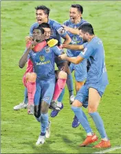  ??  ?? Mumbai City FC players celebrate after beating FC Goa in sudden death in the ISL semi-final in Bambolim, Goa, on Monday.