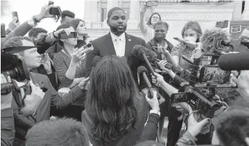  ?? JACQUELYN MARTIN AP ?? Rep. Byron Donalds, R-Fla., who has been nominated for speaker of the House, speaks to members of the media on the House steps on Wednesday on Capitol Hill in Washington.