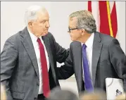  ?? JAY LAPRETE / AP ?? Attorney General Jeff Sessions (left) talks with Ohio Attorney General Mike DeWine at the Columbus Police Academy on Wednesday. Both spoke about the opioid epidemic and its impact on Ohio.