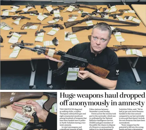  ??  ?? Sergeant Dave France, of North Yorkshire Police, at Fulford Police Station, York, with some of the weapons that have been handed in during a two-week amnesty.