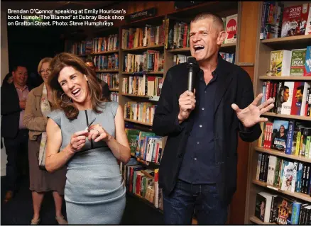  ??  ?? Brendan O’Connor speaking at Emily Hourican’s book launch ‘The Blamed’ at Dubray Book shop on Grafton Street. Photo: Steve Humphreys