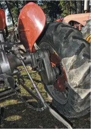  ??  ?? Part of the high clearance conversion were these drop housings. We don’t know if there is any gear reduction built into these, but that would be typical to make up for taller tires.
The stock tractor could do about 20 mph.