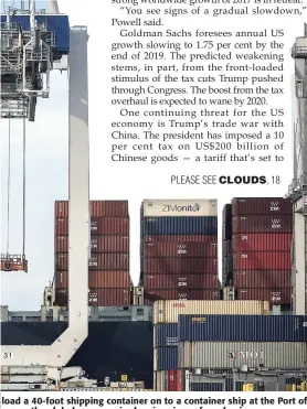  ??  ?? PLEASE SEE CLOUDS, 18 load a 40-foot shipping container on to a container ship at the Port of years, the global economy is showing signs of weakening.