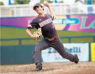  ?? KELLI KREBS / CORRESPOND­ENT ?? Orange City University senior Logan Allen pitched the first no-hitter of his prolific high school career in a 4-0 semifinal win vs. Miami Palmetto. He will play the outfield but won’t pitch in tonight’s final vs. Timber Creek.