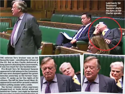  ??  ?? THE veteran Tory bruiser was on his favourite topic – extolling the virtues of the EU. But as Ken Clarke delivered a long speech attacking the Government, it was too much for one backbenche­r.
Pro-Brexit Tory Sir Desmond Swayne appeared to fall asleep...