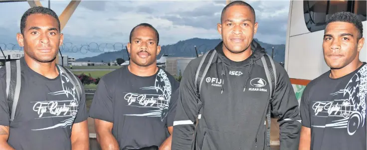  ?? Waisea Nasokia ?? Members of the Fiji Airways Drua team (from left); Cyril Reece, Peni Raidre, Peni Naulago and Apisalome Vota at the Nadi Internatio­nal Airport on October 15,2018. Photo: