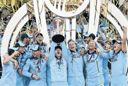  ?? / STU FORSTER-IDI/IDI VIA GETTY IMAGES ?? England captain Eoin Morgan leads his team in celebratio­n of their win over New Zealand in the fianl of the ICC World Cup at Lord’s, London.