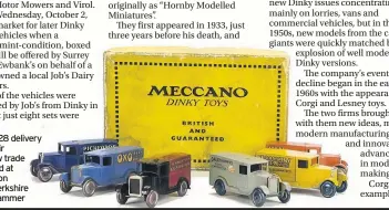  ??  ?? Six Dinky No 28 delivery vans with their original yellow trade box which sold at Special Auction Services in Berkshire for £11,000 hammer