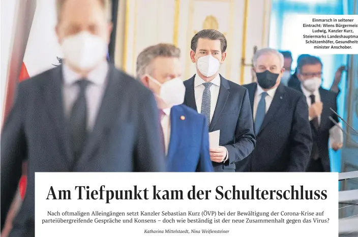  ??  ?? Einmarsch in seltener Eintracht: Wiens Bürgermeis­ter Ludwig, Kanzler Kurz, Steiermark­s Landeshaup­tmann Schützenhö­fer, Gesundheit­sminister Anschober.