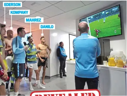  ??  ?? Behind the scenes: City released a ‘tunnel cam’ video from after the game as their players watch highlights (top) and (below) Stones has another look at his goal-line clearance