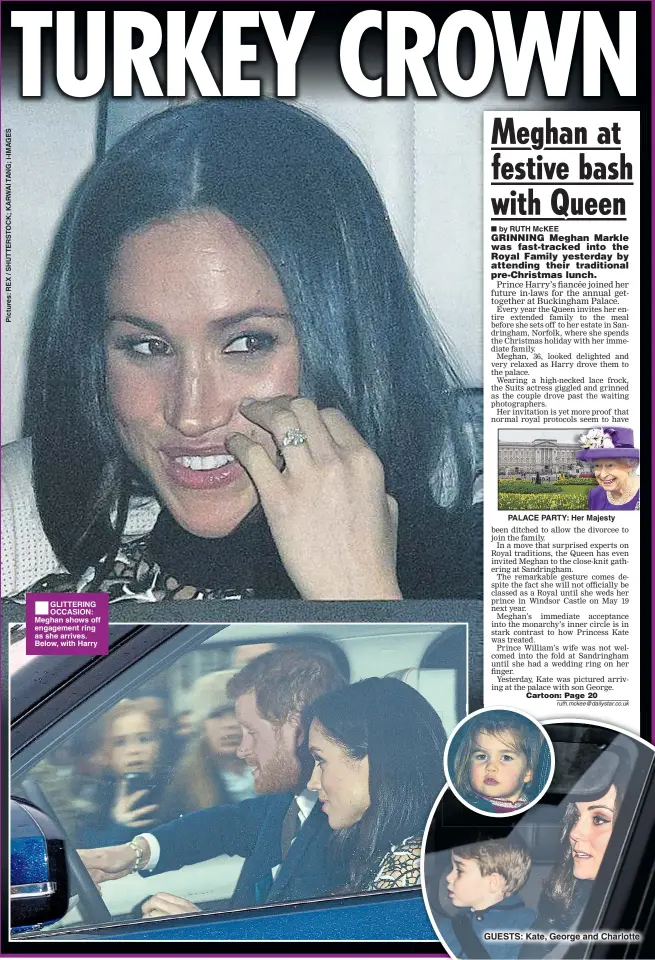  ??  ?? GLITTERING OCCASION: Meghan shows off engagement ring as she arrives. Below, with Harry