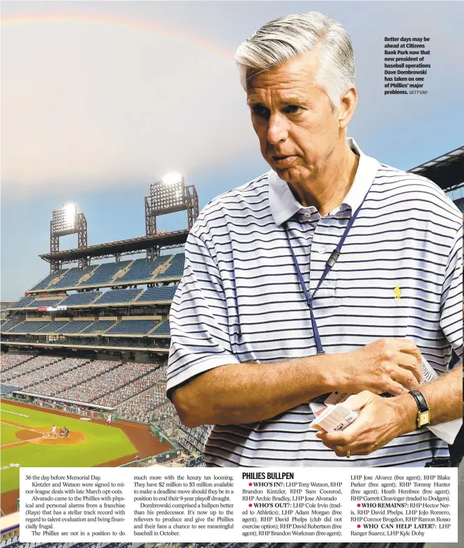  ?? GETTY/AP ?? Better days may be ahead at Citizens Bank Park now that new president of baseball operations Dave Dombrowski has taken on one of Phillies’ major problems.