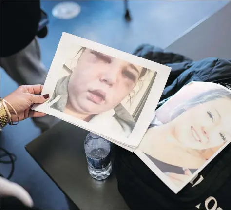  ?? PHOTOS: DARREN CALABRESE/THE CANADIAN PRESS ?? Jennifer Holleman compares photos of her late daughter Maddison Fraser, who was coerced to enter the sex trade as a teen after being lured to Alberta by a boyfriend. Fraser died in a car crash at the age of 21 with the driver being a suspected john.